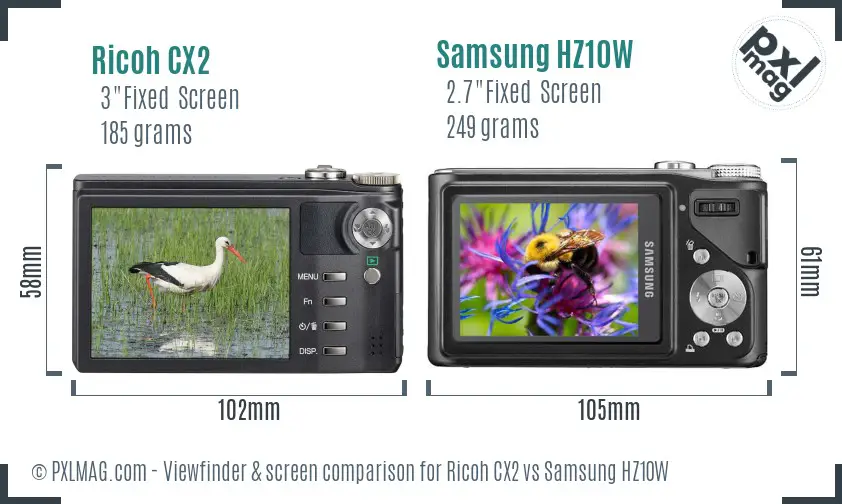 Ricoh CX2 vs Samsung HZ10W Screen and Viewfinder comparison
