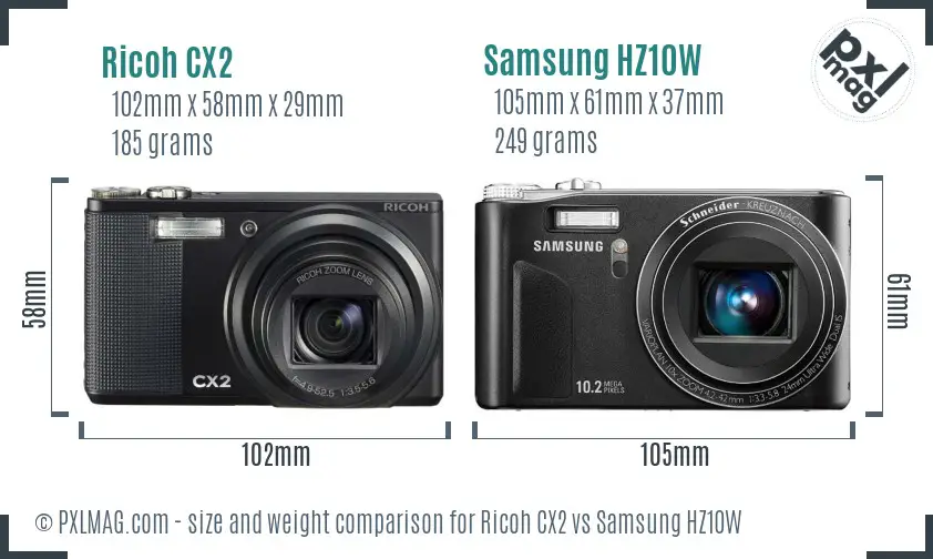 Ricoh CX2 vs Samsung HZ10W size comparison