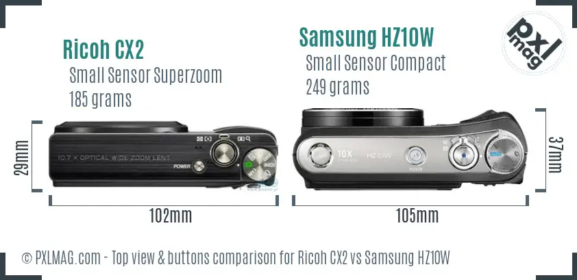 Ricoh CX2 vs Samsung HZ10W top view buttons comparison