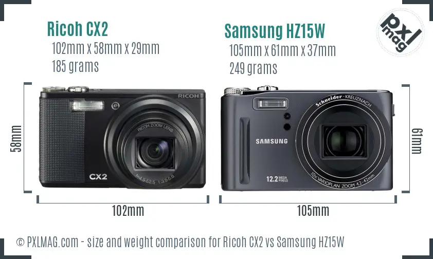 Ricoh CX2 vs Samsung HZ15W size comparison