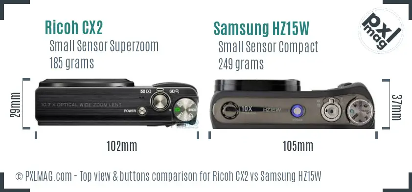 Ricoh CX2 vs Samsung HZ15W top view buttons comparison