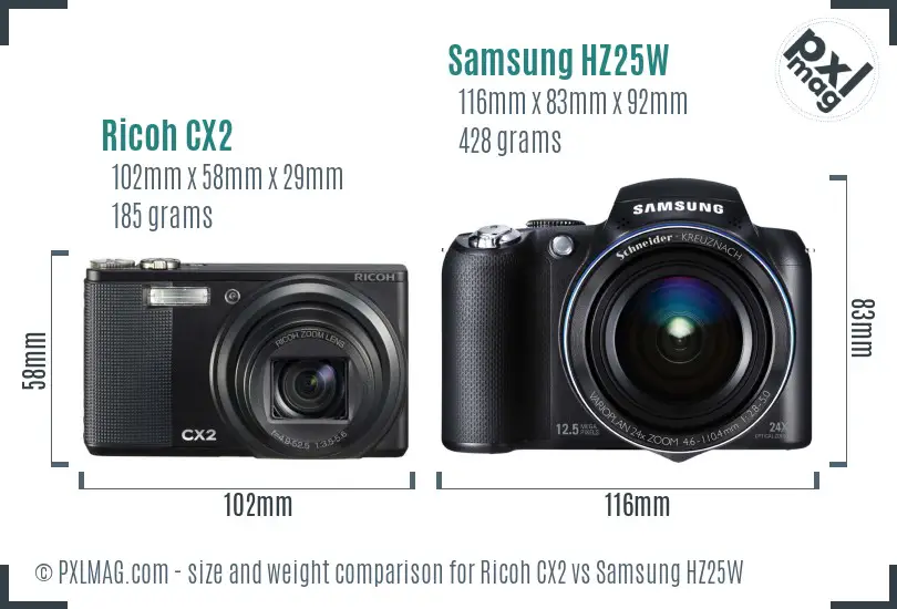 Ricoh CX2 vs Samsung HZ25W size comparison
