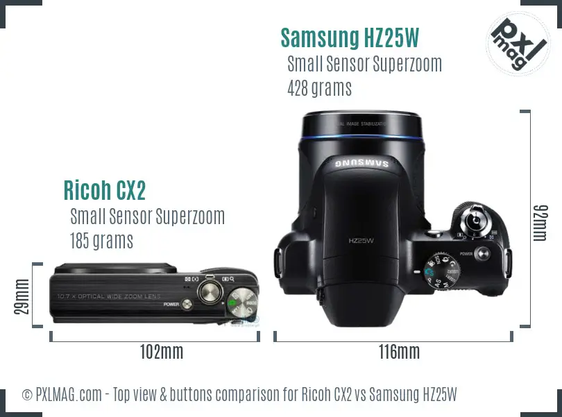 Ricoh CX2 vs Samsung HZ25W top view buttons comparison