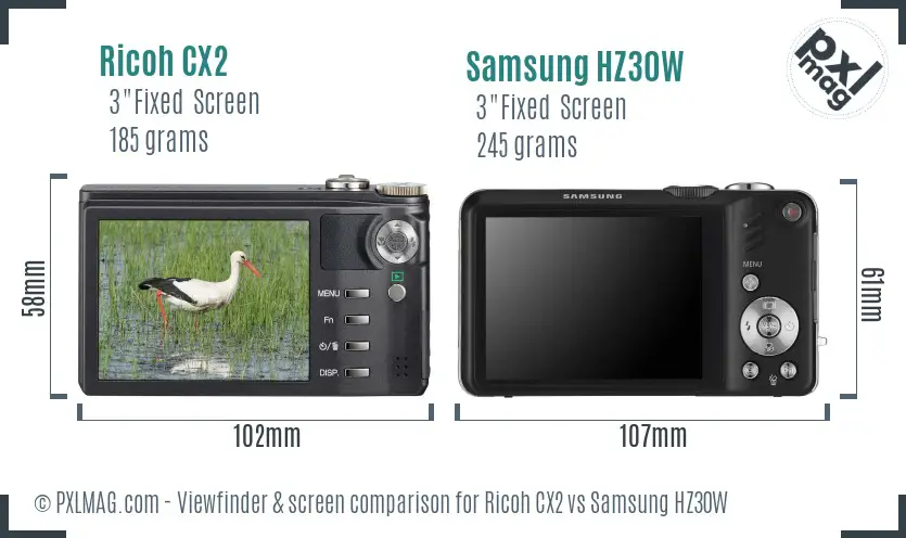 Ricoh CX2 vs Samsung HZ30W Screen and Viewfinder comparison