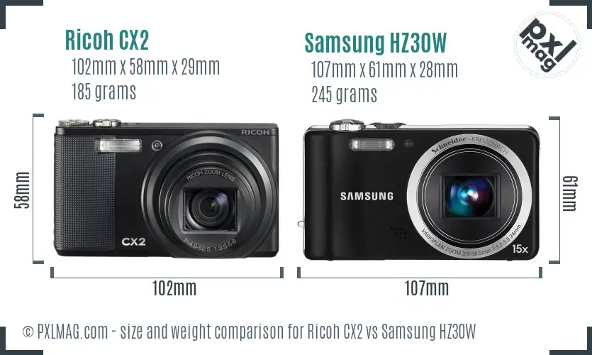 Ricoh CX2 vs Samsung HZ30W size comparison