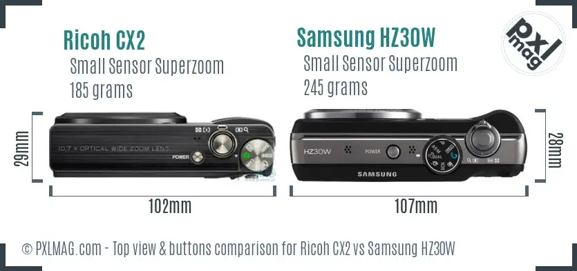 Ricoh CX2 vs Samsung HZ30W top view buttons comparison