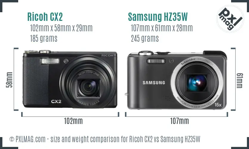 Ricoh CX2 vs Samsung HZ35W size comparison