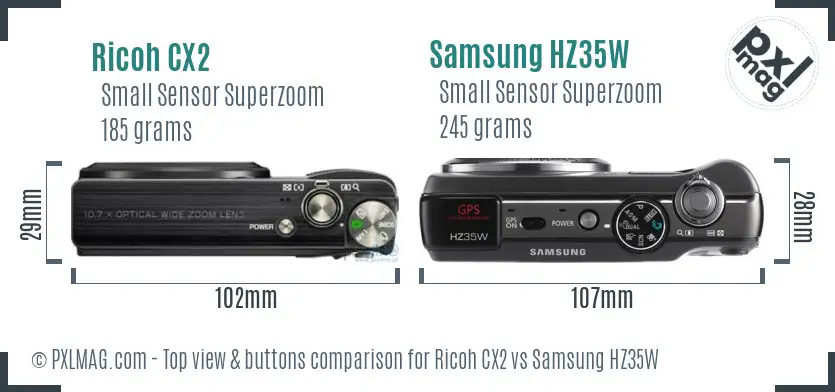 Ricoh CX2 vs Samsung HZ35W top view buttons comparison