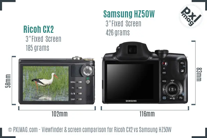 Ricoh CX2 vs Samsung HZ50W Screen and Viewfinder comparison