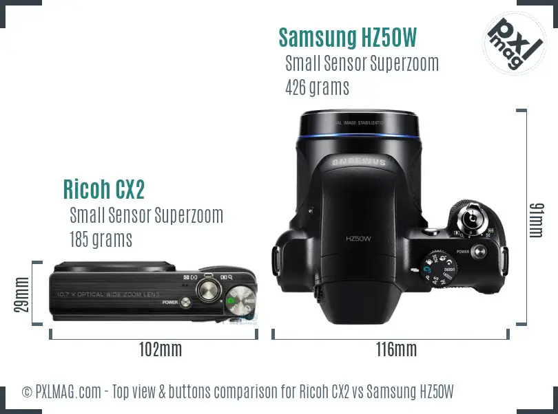 Ricoh CX2 vs Samsung HZ50W top view buttons comparison