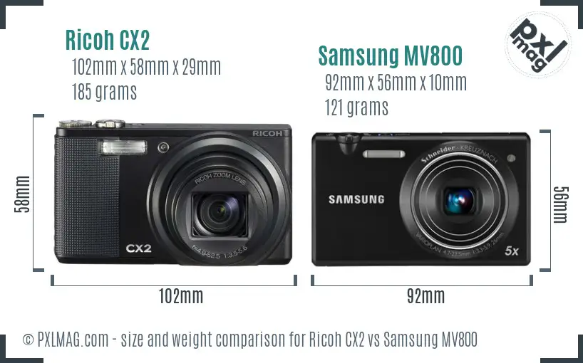 Ricoh CX2 vs Samsung MV800 size comparison