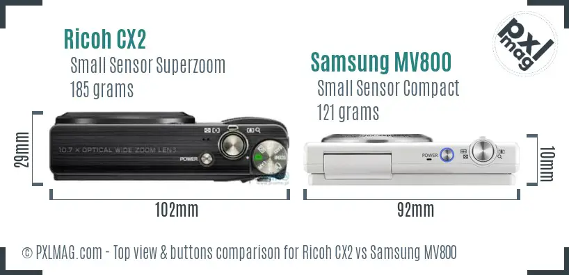Ricoh CX2 vs Samsung MV800 top view buttons comparison