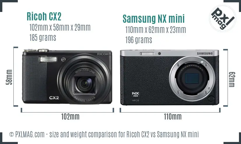 Ricoh CX2 vs Samsung NX mini size comparison