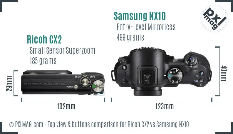 Ricoh CX2 vs Samsung NX10 top view buttons comparison