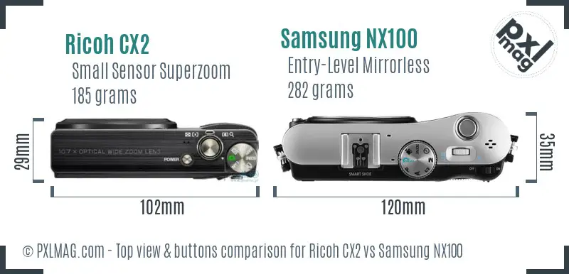 Ricoh CX2 vs Samsung NX100 top view buttons comparison