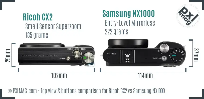 Ricoh CX2 vs Samsung NX1000 top view buttons comparison