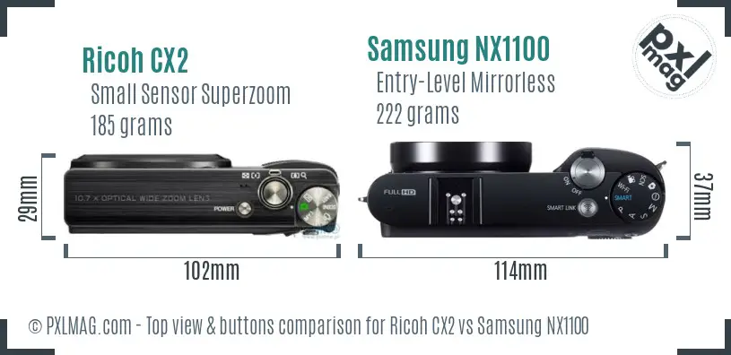 Ricoh CX2 vs Samsung NX1100 top view buttons comparison