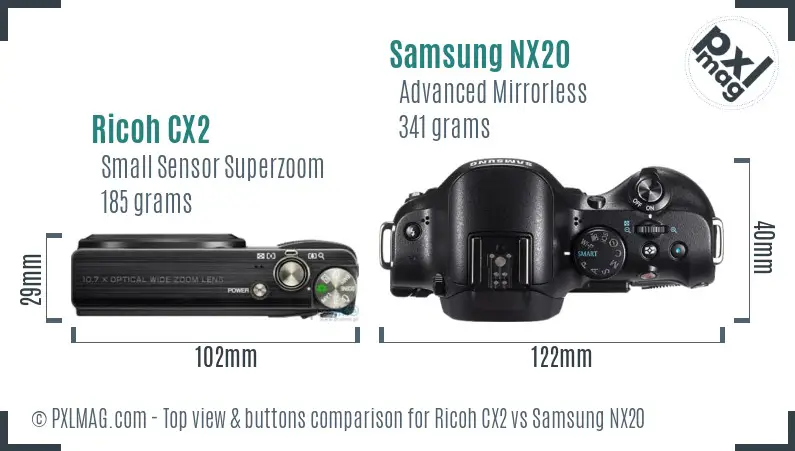 Ricoh CX2 vs Samsung NX20 top view buttons comparison