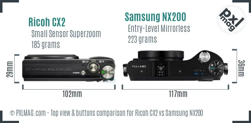 Ricoh CX2 vs Samsung NX200 top view buttons comparison