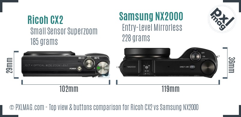Ricoh CX2 vs Samsung NX2000 top view buttons comparison