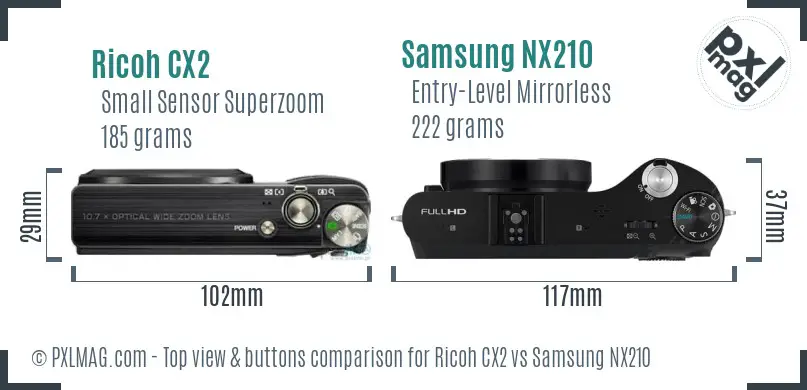 Ricoh CX2 vs Samsung NX210 top view buttons comparison