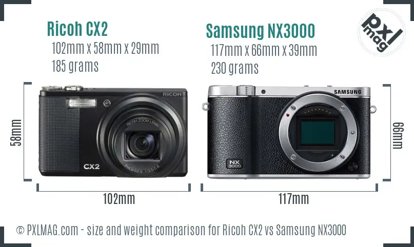 Ricoh CX2 vs Samsung NX3000 size comparison
