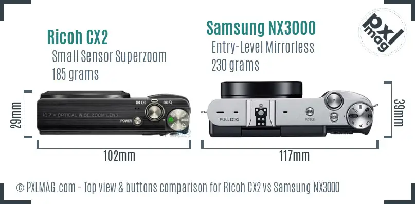 Ricoh CX2 vs Samsung NX3000 top view buttons comparison