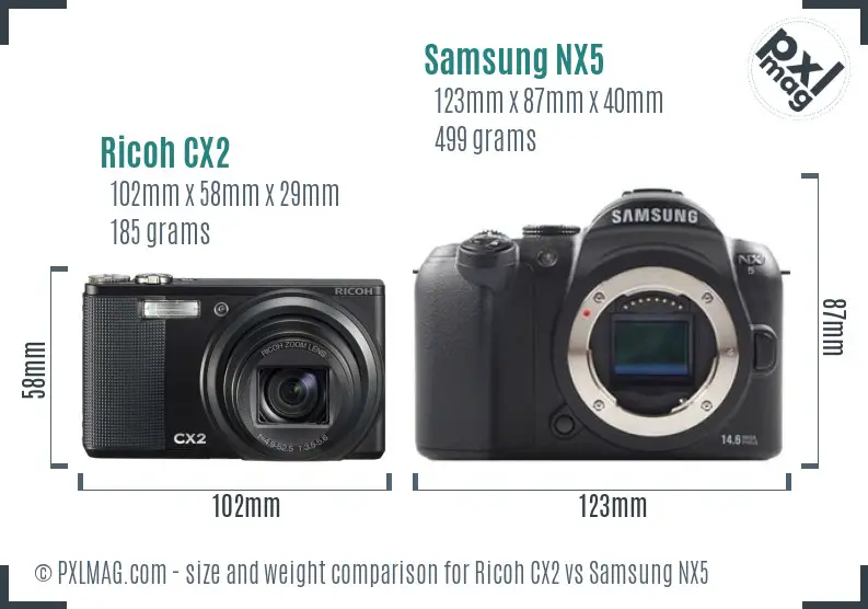 Ricoh CX2 vs Samsung NX5 size comparison