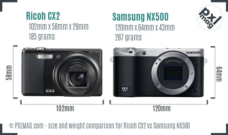 Ricoh CX2 vs Samsung NX500 size comparison