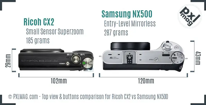 Ricoh CX2 vs Samsung NX500 top view buttons comparison