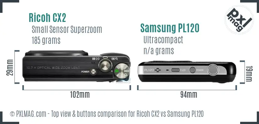 Ricoh CX2 vs Samsung PL120 top view buttons comparison