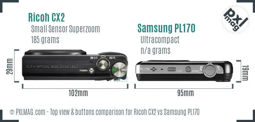 Ricoh CX2 vs Samsung PL170 top view buttons comparison