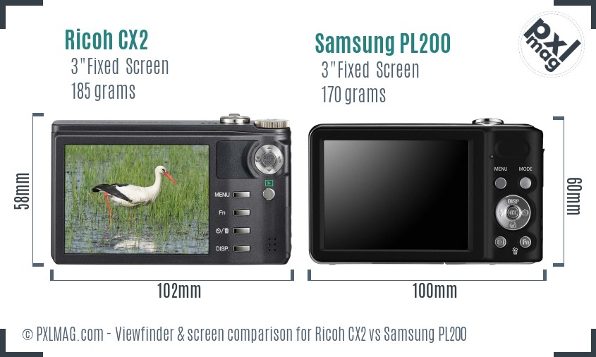 Ricoh CX2 vs Samsung PL200 Screen and Viewfinder comparison