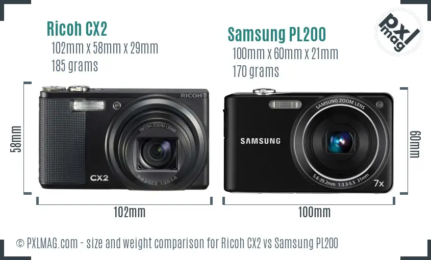 Ricoh CX2 vs Samsung PL200 size comparison