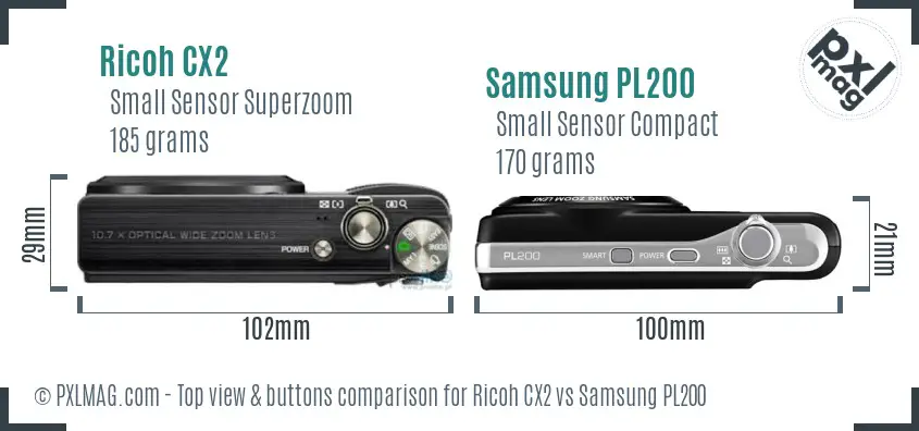 Ricoh CX2 vs Samsung PL200 top view buttons comparison
