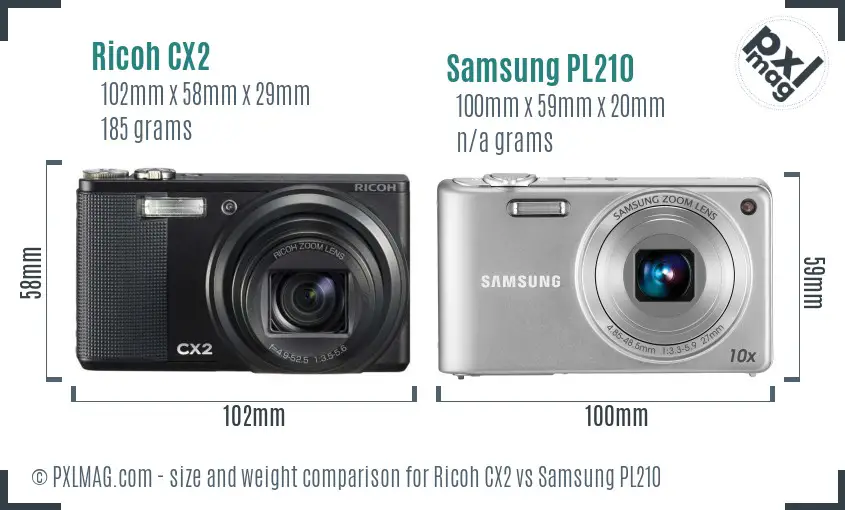Ricoh CX2 vs Samsung PL210 size comparison