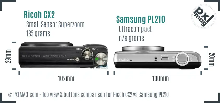 Ricoh CX2 vs Samsung PL210 top view buttons comparison
