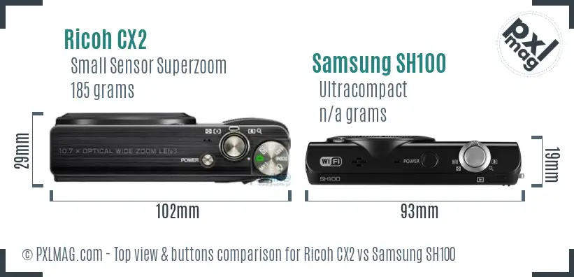 Ricoh CX2 vs Samsung SH100 top view buttons comparison Ricoh CX2 vs Samsung SH100 top view buttons comparison
