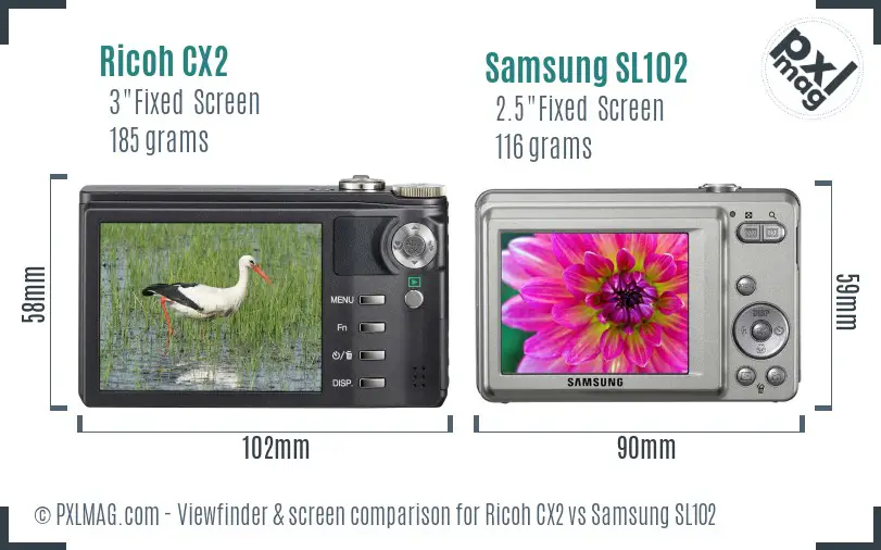 Ricoh CX2 vs Samsung SL102 Screen and Viewfinder comparison