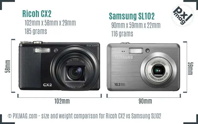 Ricoh CX2 vs Samsung SL102 size comparison