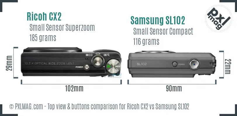 Ricoh CX2 vs Samsung SL102 top view buttons comparison