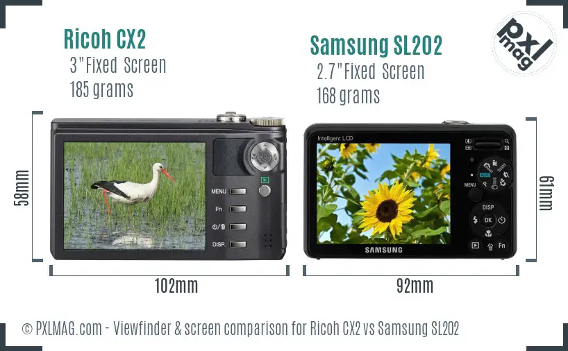 Ricoh CX2 vs Samsung SL202 Screen and Viewfinder comparison