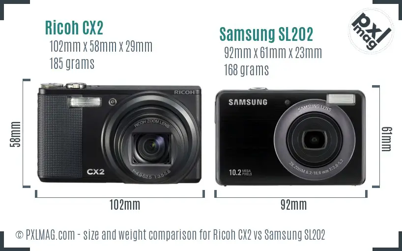 Ricoh CX2 vs Samsung SL202 size comparison