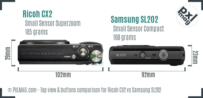 Ricoh CX2 vs Samsung SL202 top view buttons comparison