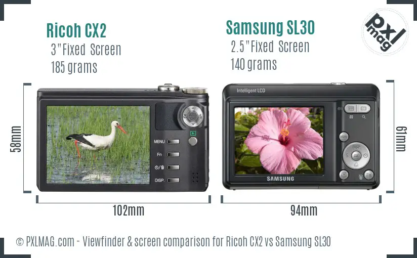 Ricoh CX2 vs Samsung SL30 Screen and Viewfinder comparison