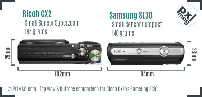 Ricoh CX2 vs Samsung SL30 top view buttons comparison