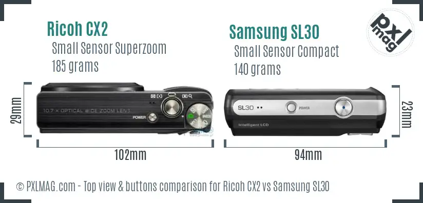 Ricoh CX2 vs Samsung SL30 top view buttons comparison Ricoh CX2 vs Samsung SL30 top view buttons comparison