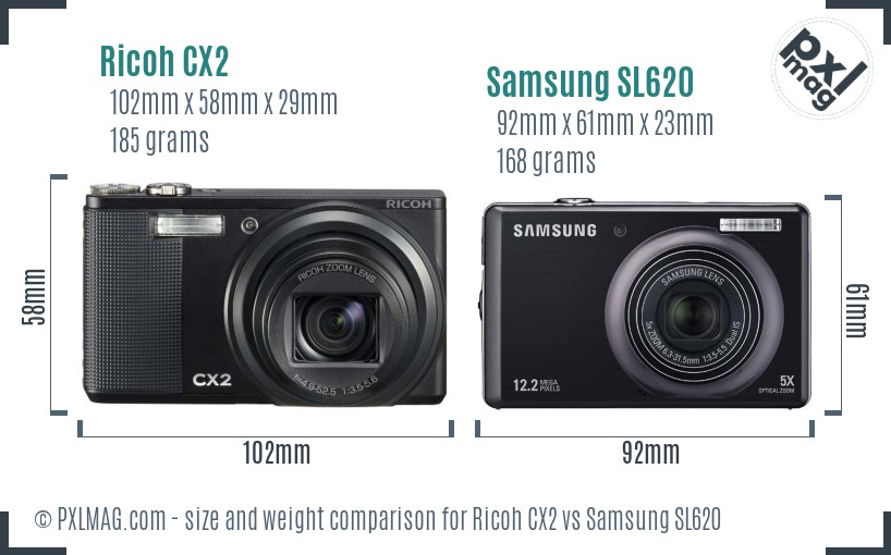 Ricoh CX2 vs Samsung SL620 size comparison