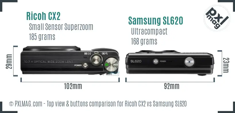 Ricoh CX2 vs Samsung SL620 top view buttons comparison