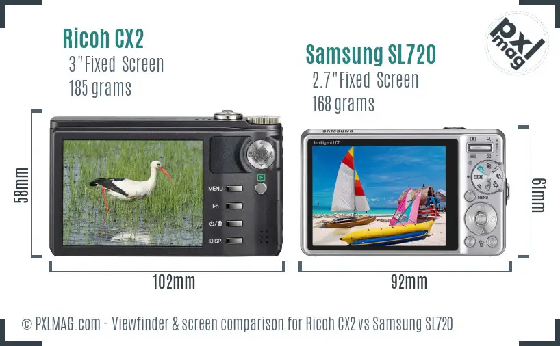Ricoh CX2 vs Samsung SL720 Screen and Viewfinder comparison